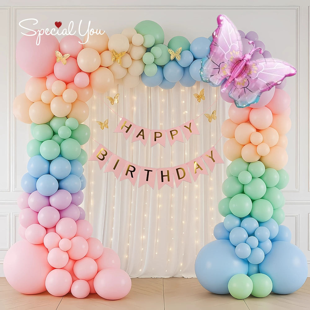 3D Mettalic Butterflies Mutlicolor Happy Birthday Decoration Theme Setup Includes Net Curtains, Fairy lights and Butterflies
