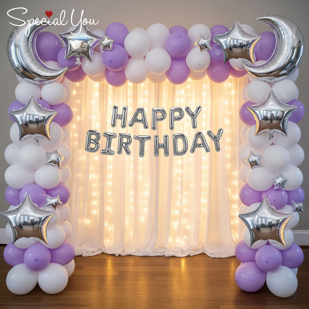 Moon and Stars Theme Purple and White Happy Birthday Decoration Theme Setup With Fairy lights and Net Curtains