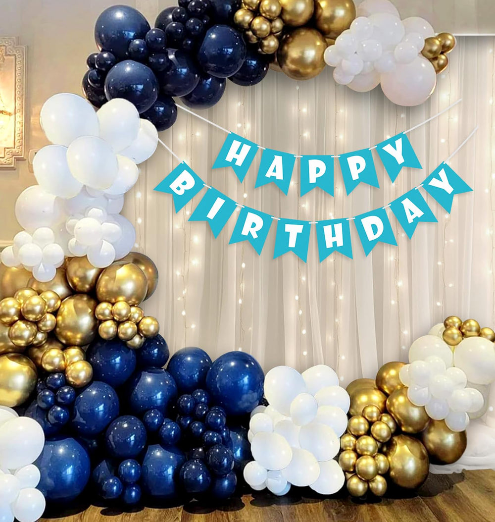 Blue and White Happy Birthday Decoration Theme Setup With Fairy Lights and Net Curtains