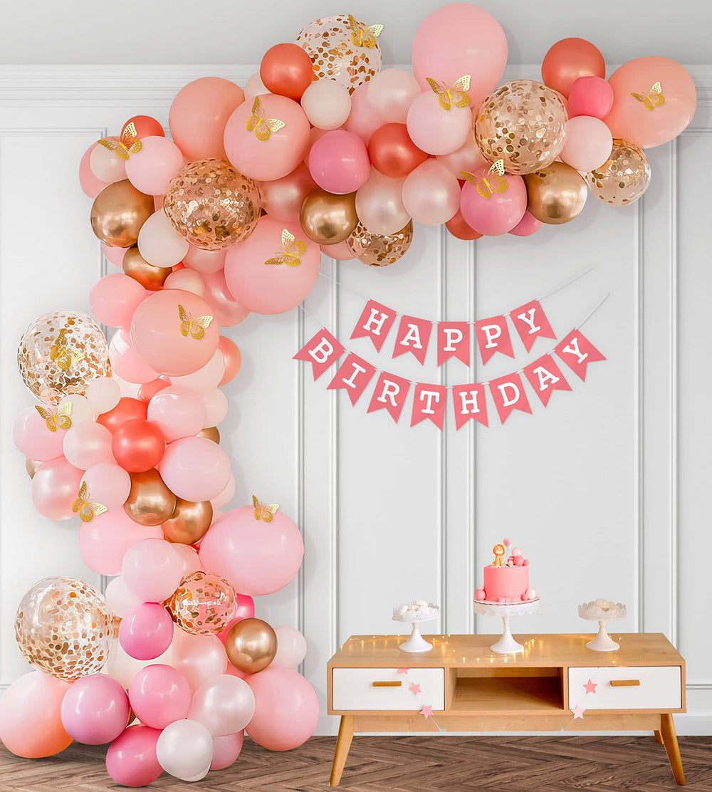 Pink Happy Birthday Decoration Theme Setup With 3D Butterflies