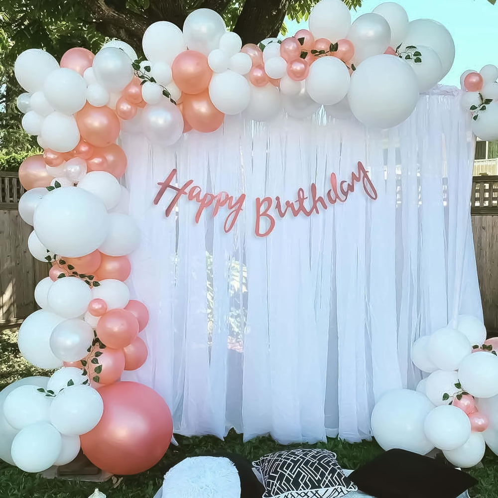 White and Rose Gold Happy Birthday Decoration Theme Set includes Net Curtains