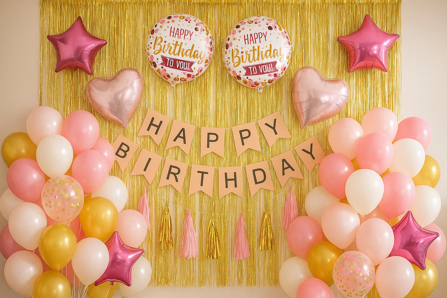 Pink White Gold Happy Birthday Decoration Theme Set Includes all item and Accesories