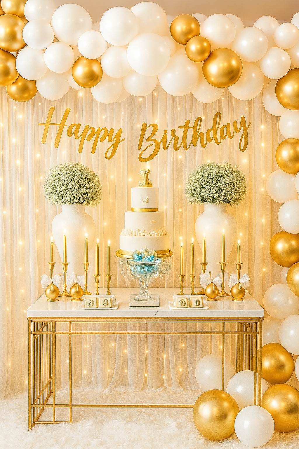 HAPPY BIRTHDAY White and Gold Theme With Net Curtains and Fairy Lights