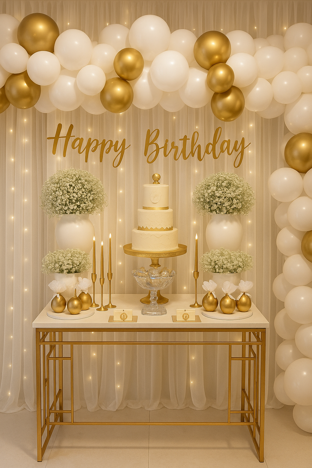 HAPPY BIRTHDAY White and Gold Theme With Net Curtains and Fairy Lights