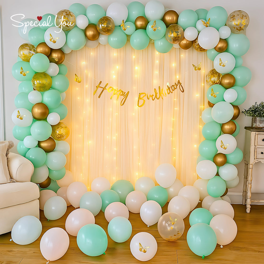 3D Butterflies Mint Green and Golden Happy Birthday Decoration Theme Set Incudes Fairy lights and Net Curtains