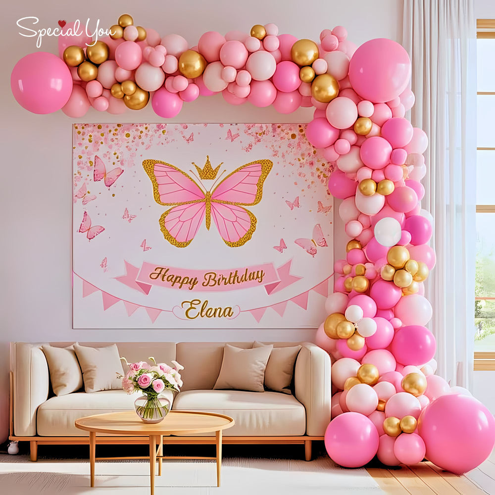 Backdrop Printed Flax Butterfly Theme Happy Birthday Decoration Theme Setup