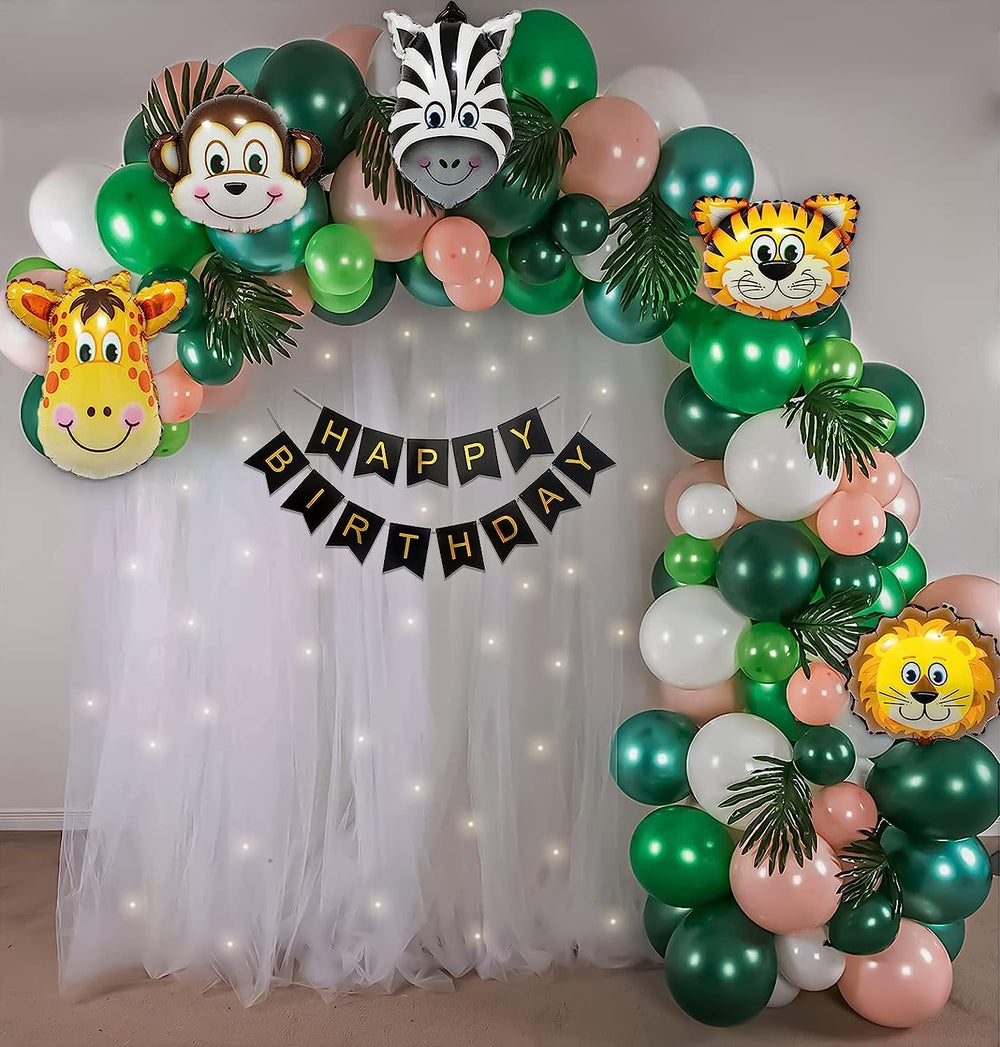 Jungle Theme Happy Birthday Decoration Theme Setup includes Net Curtains and Fairy lights