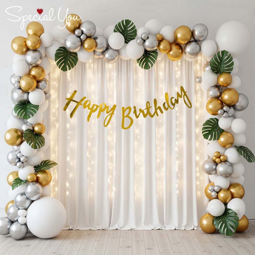 White Golden and Silver Happy Birthday Decoration Theme Includes Net Curtains and Fairy Lights