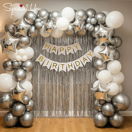 White and Silver Happy Birthday Decoration Theme Setup