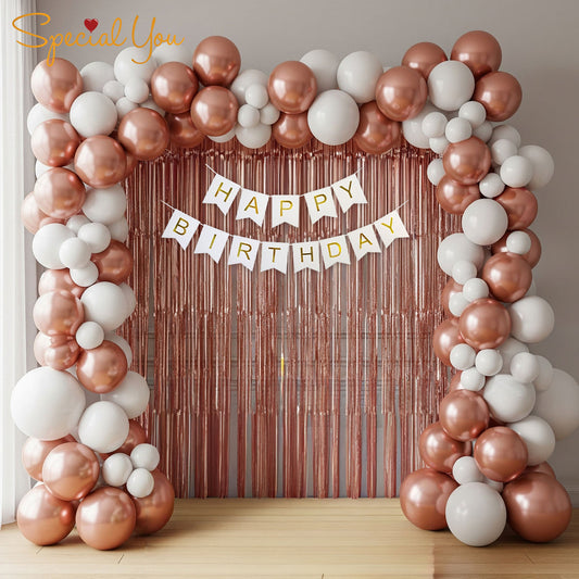 White and Rose Gold Happy Birthday Decoration Theme Setup