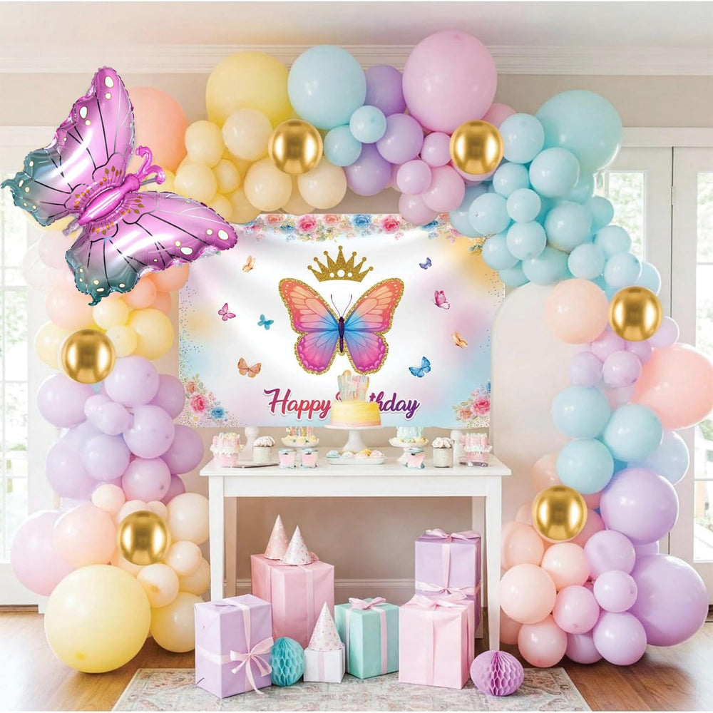 Trending Pastel Colors Butterfly Theme With Printed Butterfly Flax Banner For Birthday Decoration