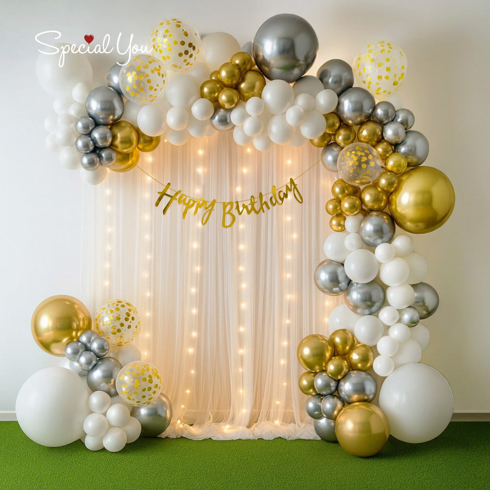 White Gold and Silver Happy Birthday Decoration Theme Setup With Fairy Lights and Net Curtains