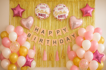 Pink White Gold Happy Birthday Decoration Theme Set Includes all item and Accesories