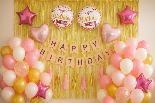 Pink White Gold Happy Birthday Decoration Theme Set Includes all item and Accesories