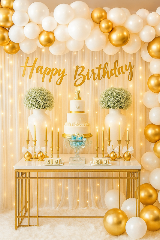 HAPPY BIRTHDAY White and Gold Theme With Net Curtains and Fairy Lights