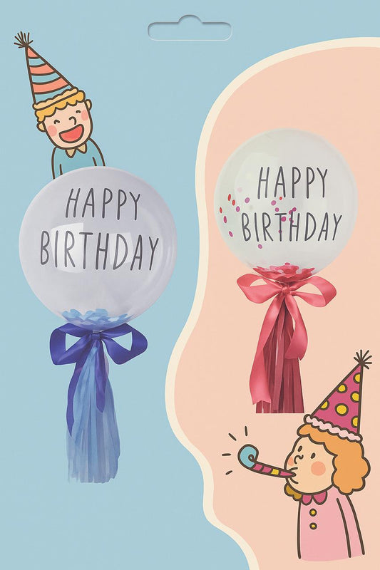 2 x Round Shaped Happy Birthday Balloons With Tissue Tassell Blue and Red