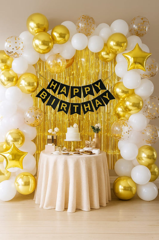Black White Golden Happy Birthday Decoration Theme Set Includes All Items and Accesories
