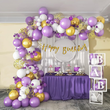 Purple Gold White Happy Birthday Decoration Theme Set with Net