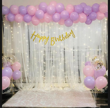 Purple Pink Golden Happy Birthday Theme Set With Net Curtains and Fairy Lights