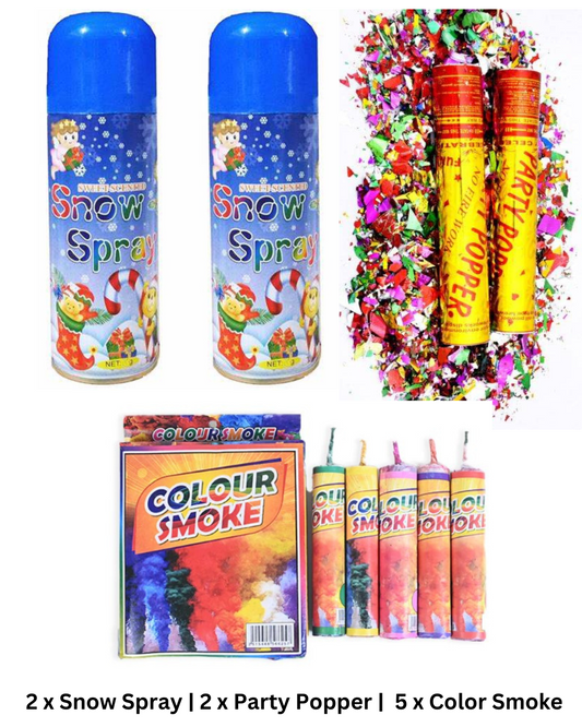🎉 Party Deal – 2 x Snow Spray + 2 x Party Poppers + 1 x Color Smoke